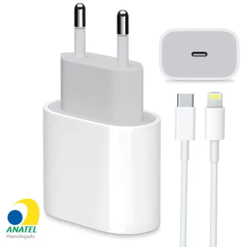 Carregador Turbo 20W + Cabo Lightning para USB-C Compatível Iphone 11 12 13 Pro Max X XR XS