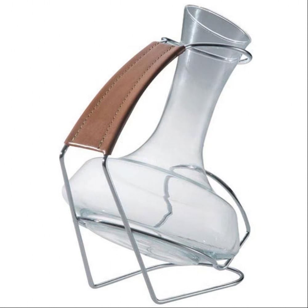 Decanter para Vinho com Suporte Forma Firenze em Vidro com Acabamento em Couro Inox