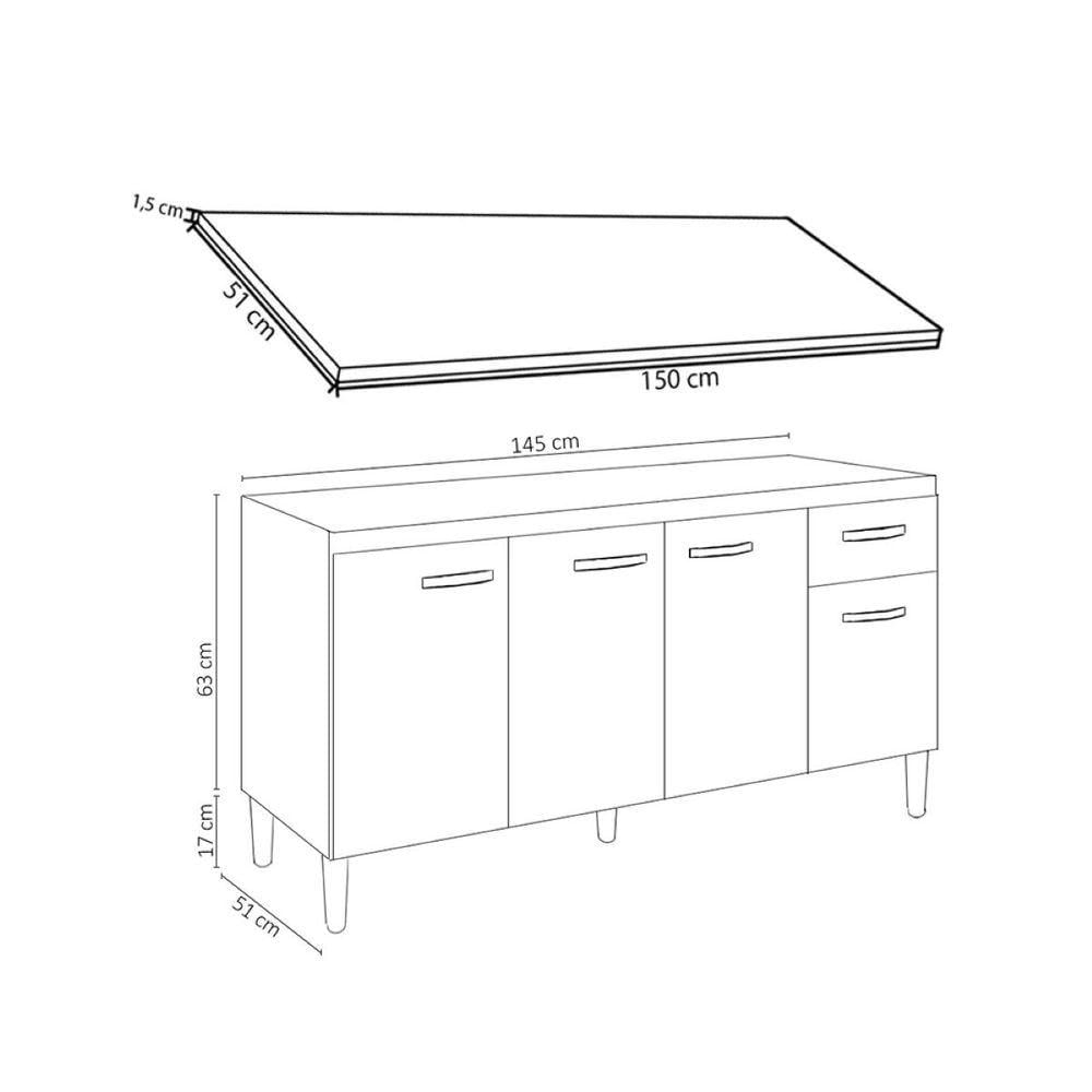 Balcão P/ Pia Cozinha 150cm Gabriela 4 Portas 1 Gaveta Com Tampo Amêndoa Preto - Ajl