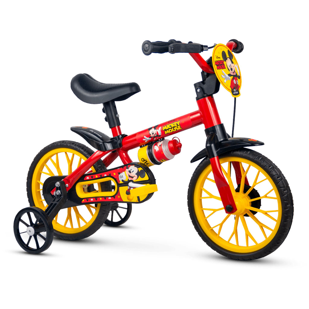 Bicicleta Mickey Infantil Aro 12 Com Rodinhas De Treinamento Nathor Bike Criança Menino Com Garrafinha