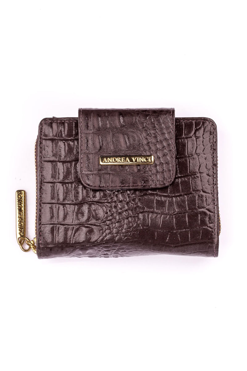 Carteira feminina de couro croco Lolla 10x13cm Bege