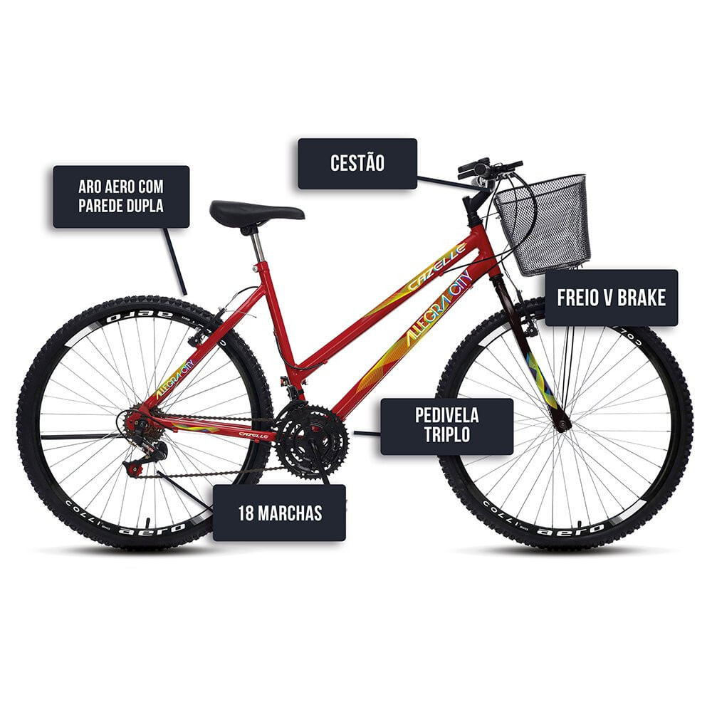 Bicicleta Colli Cazelle Allegra Aro 26 Freio V-Brake Quadro 18 Vermelho