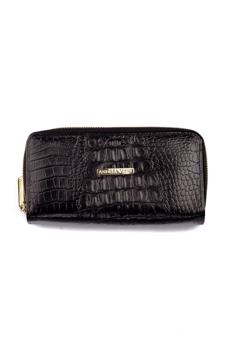 Carteira feminina de couro croco Tinna 10x19cm Bege