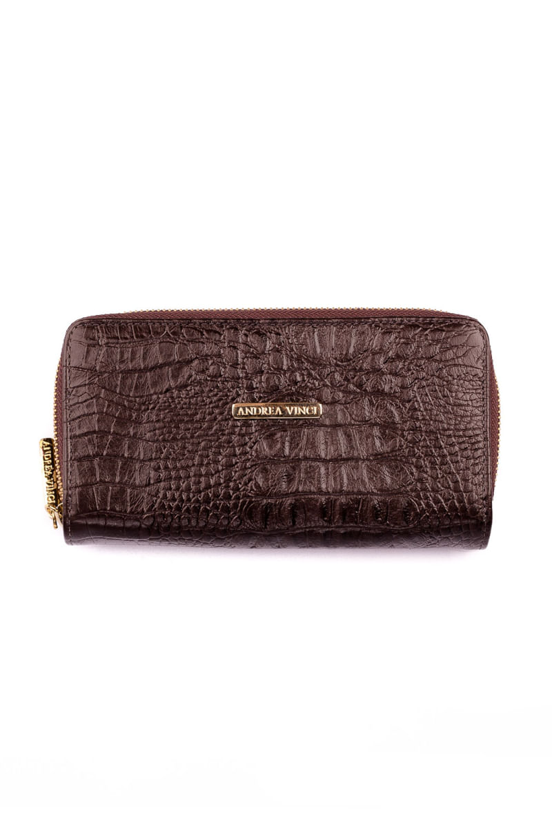 Carteira feminina de couro croco Tinna 10x19cm Bege