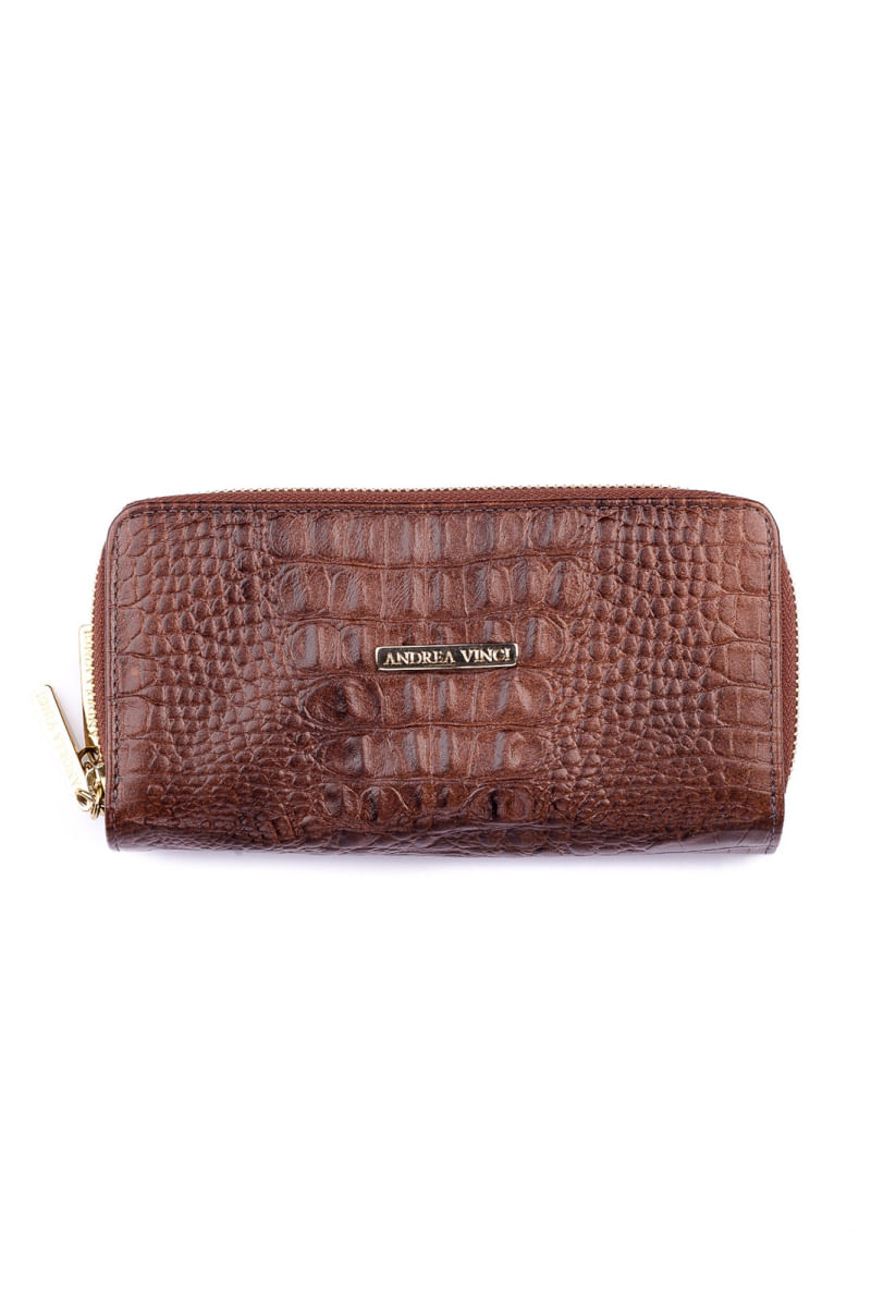 Carteira feminina de couro croco Tinna 10x19cm Bege