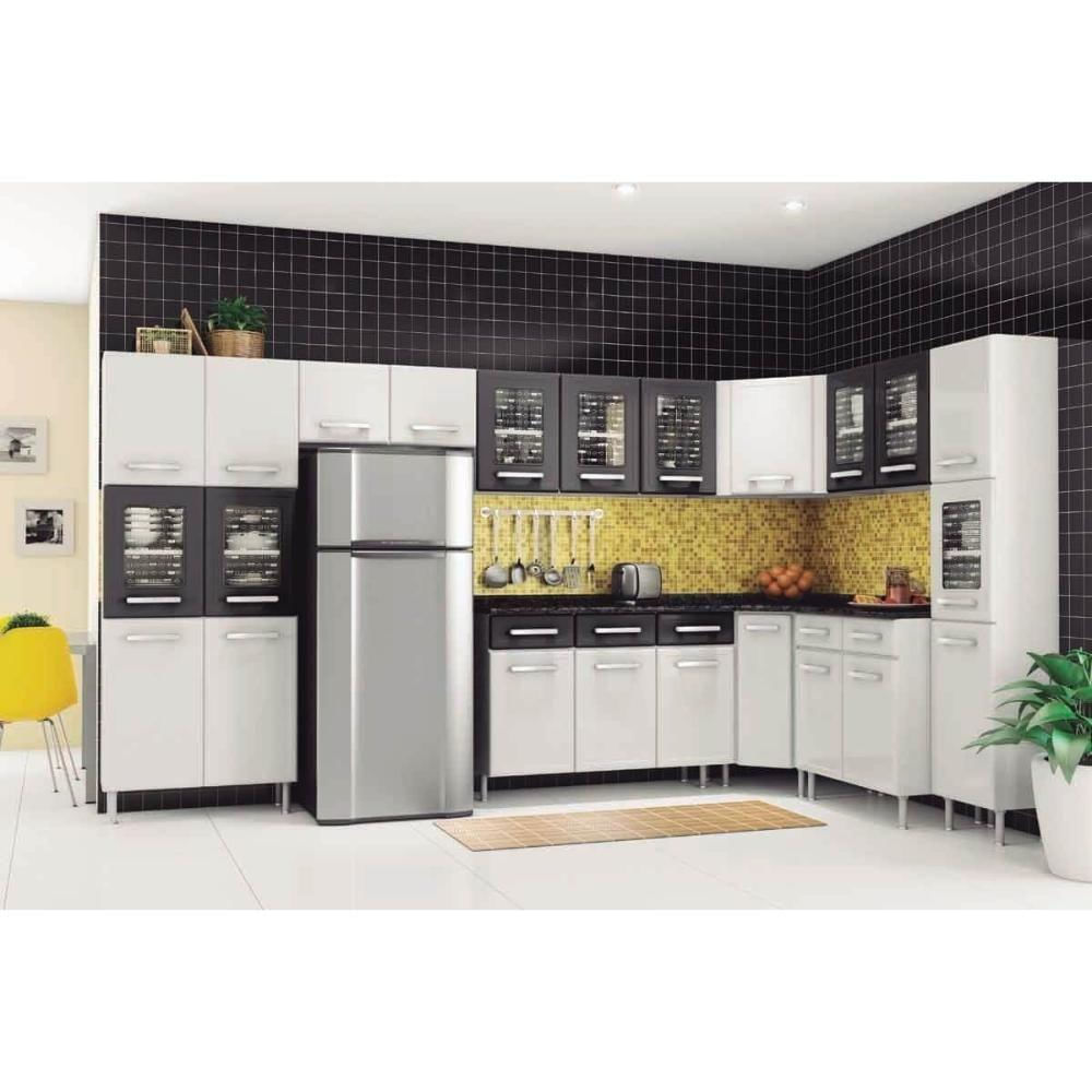 Armário Aéreo Cozinha Modulado Gourmet 7009 3 Portas C/ Vidro Branco/preto - Bertolini