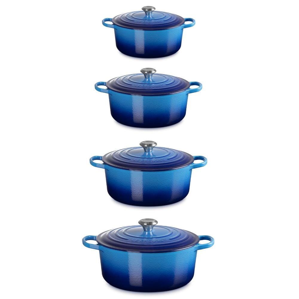 KIT LE CREUSET 4 PANELAS REDONDAS EM FERRO FUNDIDO 20, 22, 24 E 26CM AZURE BLUE