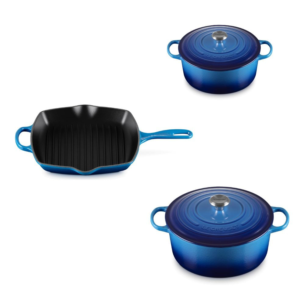 KIT LE CREUSET 2 PANELAS REDONDAS 20 E 24CM GRELHA QUADRADA 26CM EM FERRO ESMALTADO AZURE BLUE