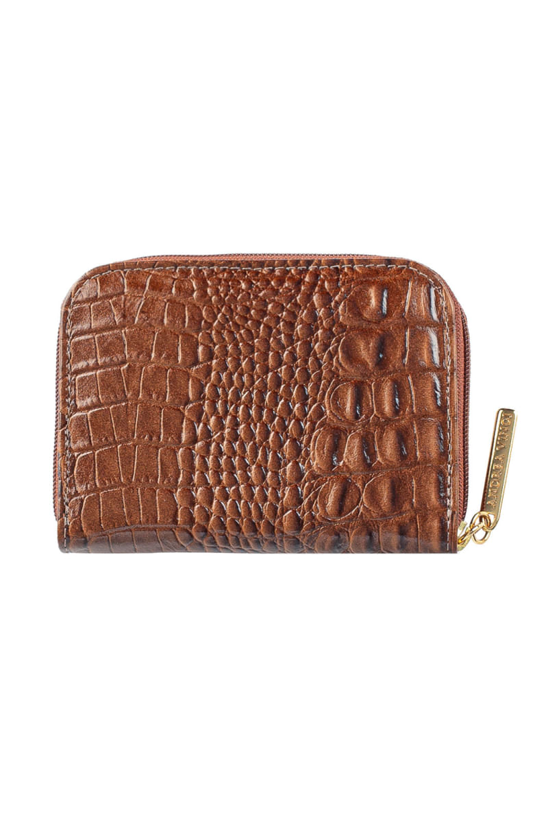 Carteira feminina de couro croco Kiara 10x13,5cm Whisky