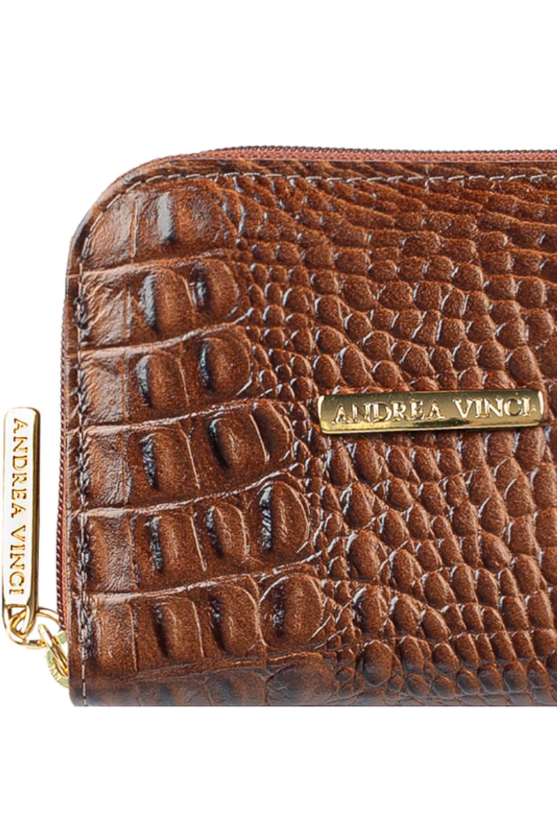 Carteira feminina de couro croco Kiara 10x13,5cm Whisky