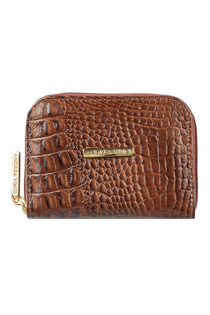 Carteira feminina de couro croco Kiara 10x13,5cm Whisky