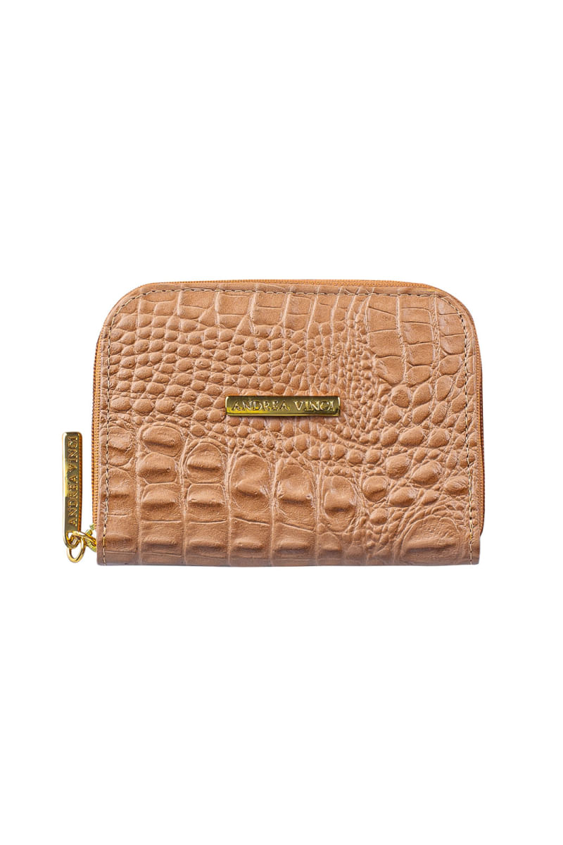 Carteira feminina de couro croco Kiara 10x13,5cm Whisky