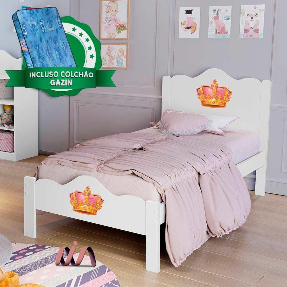 Cama De Solteiro 100% Mdf Princesa Branco Nina Basoto Com Colchão Gazin