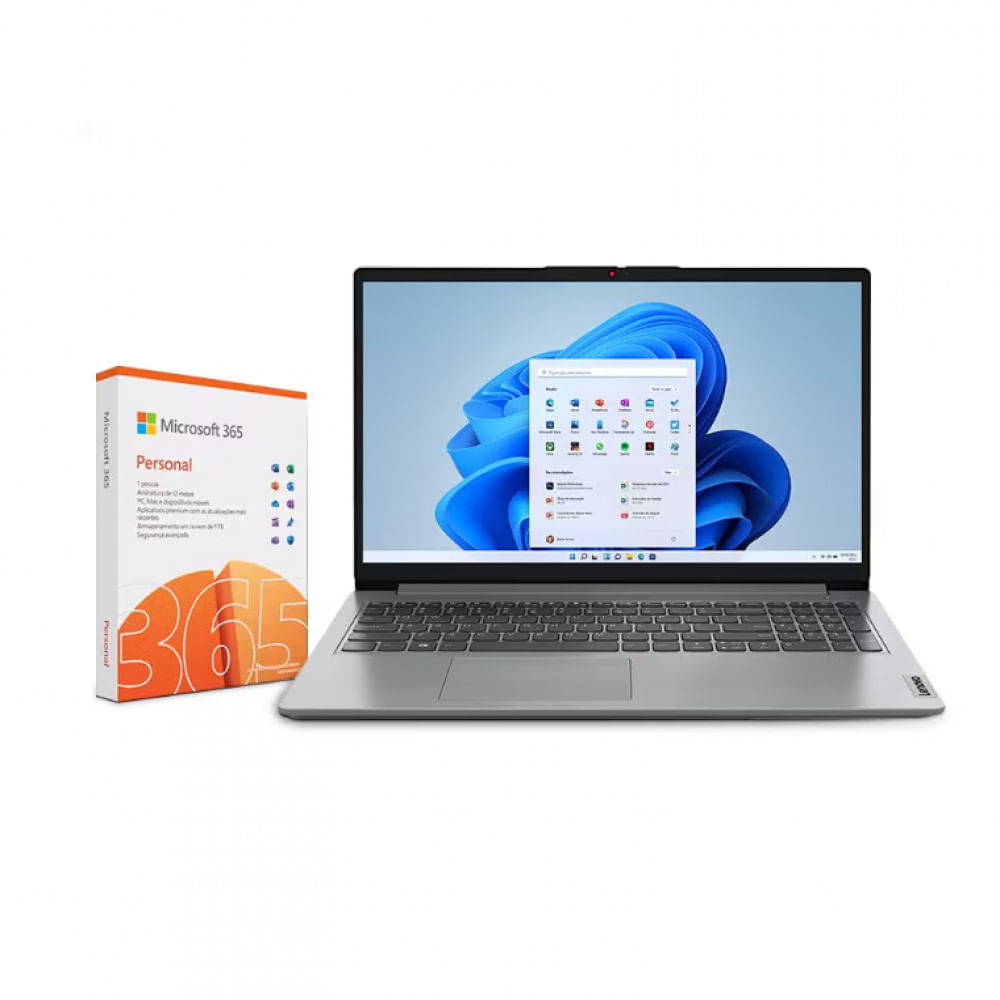 Notebook Lenovo IdeaPad 1 com processador Intel Core i3 4GB 256GB SSD Tela 15.6 Intel UHD Graphics + Microsoft 365 Personal 1TB Cinza / Bivolt