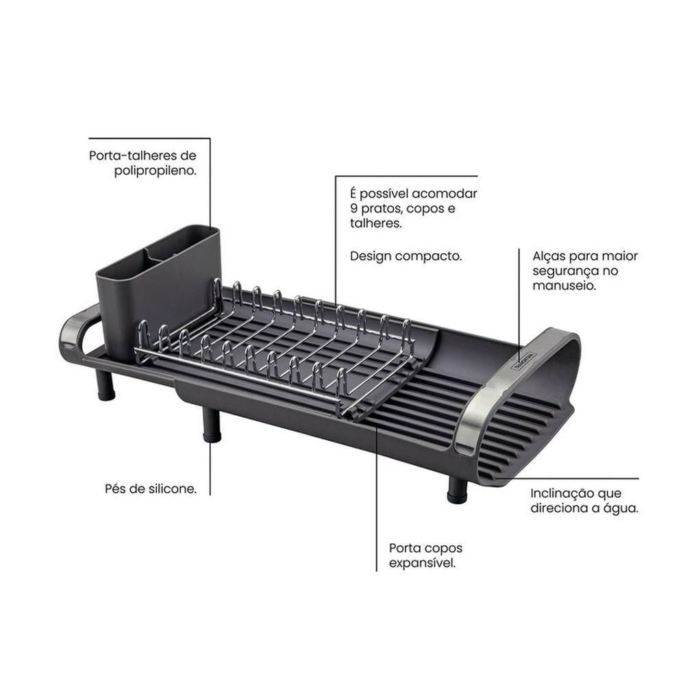 Escorredor De Louça Tramontina Plurale Compacto Com Secador E Porta Talheres Grafite Tramontina