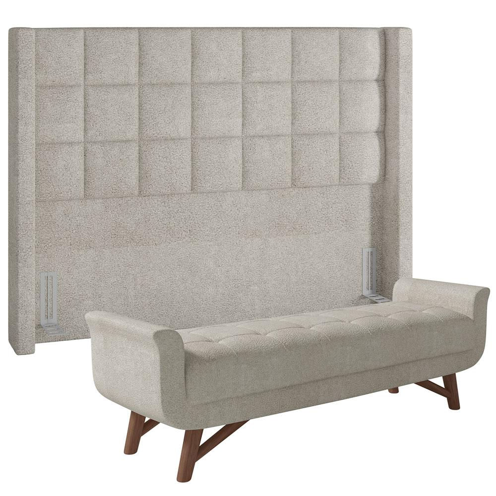 Kit Cabeceira Cama Box Paris 140 cm com Puff Recamier Itália P05 Bouclê Creme - Lyam Decor