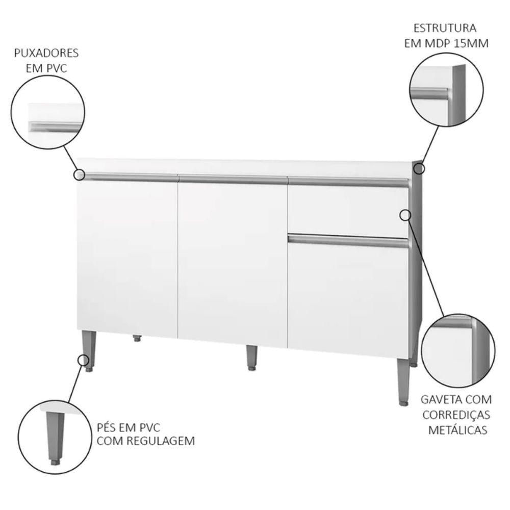 Balcão P/ Lavanderia 120cm Com Tampo Tatiane 3 Portas 1 Gaveta Branco - Ajl