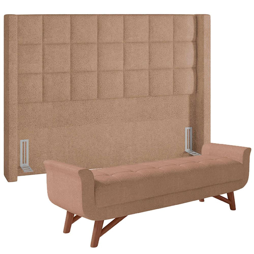 Kit Cabeceira Cama Box Paris 140 cm com Puff Recamier Itália P05 Bouclê Bege - Lyam Decor