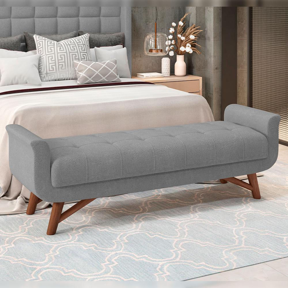 Puff Recamier Decorativo com Pés em Madeira 195 cm Itália P05 Bouclê Cinza - Lyam Decor