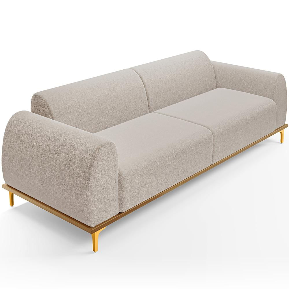 Sofá 4 Lugares Para Sala de Estar Kiev 280cm D02 Base Castanho Pés D'ouro Bouclê Creme B-54 - Lyam Decor