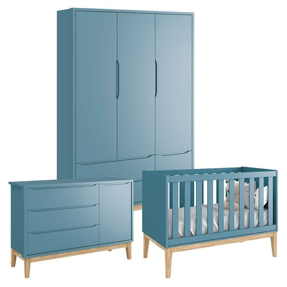 Quarto De Bebê Classic 3 Portas Azul Com Pés Madeira Natural - Reller