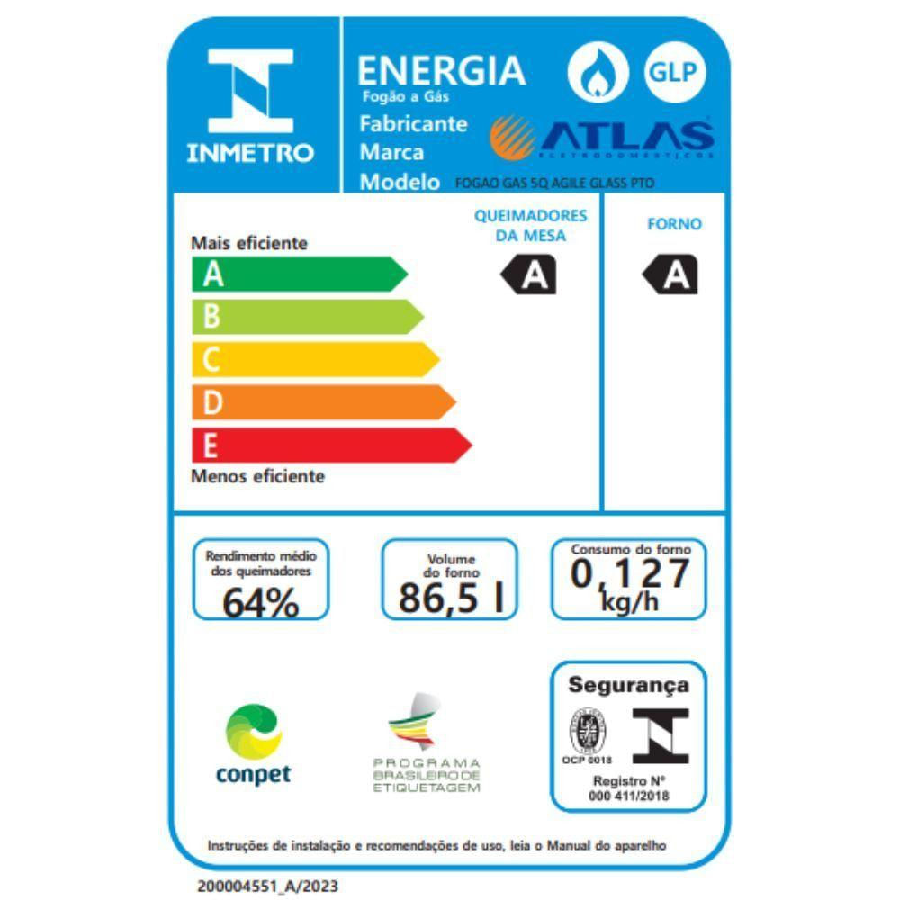 Fogão 5 Bocas Com Mesa De Vidro Atlas Agile Up Glass New Preto Bivolt