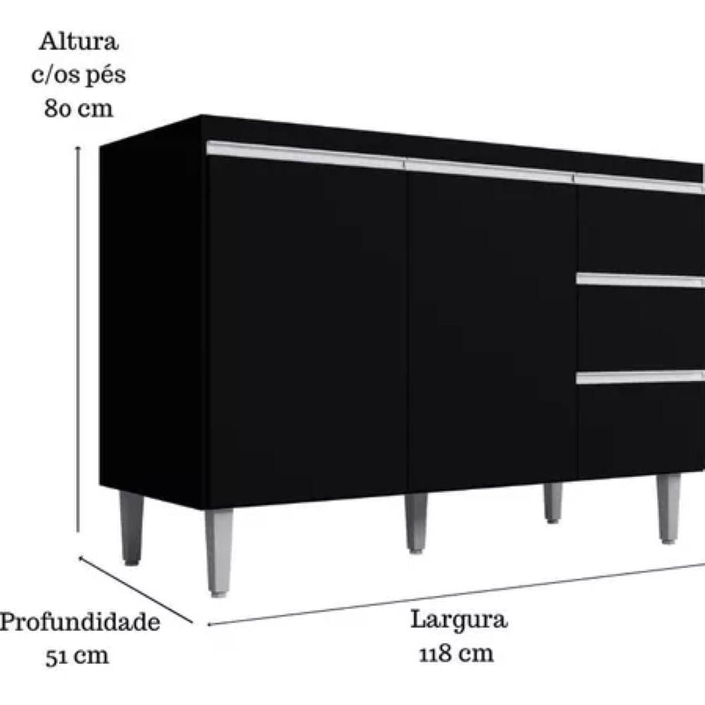 Balcão Para Pia Cozinha 120cm Andréia 2 Portas 3 Gavetas Sem Tampo Preto - Ajl