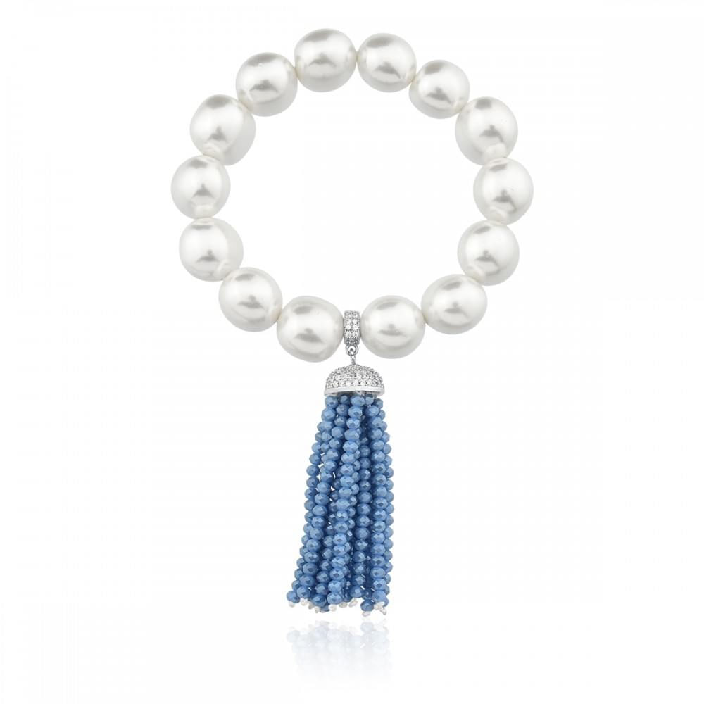 Pulseira Pérolas Shell Jackie Tassel cristais azul e zirconias