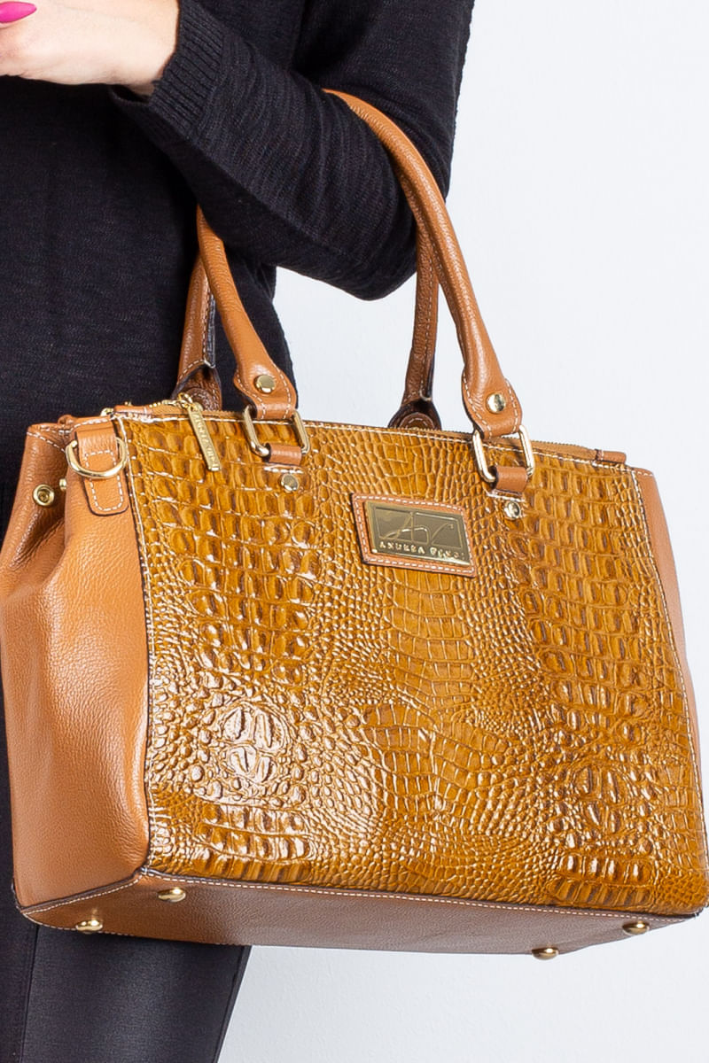 Bolsa de couro croco grande com divisórias Toffee Caramelo