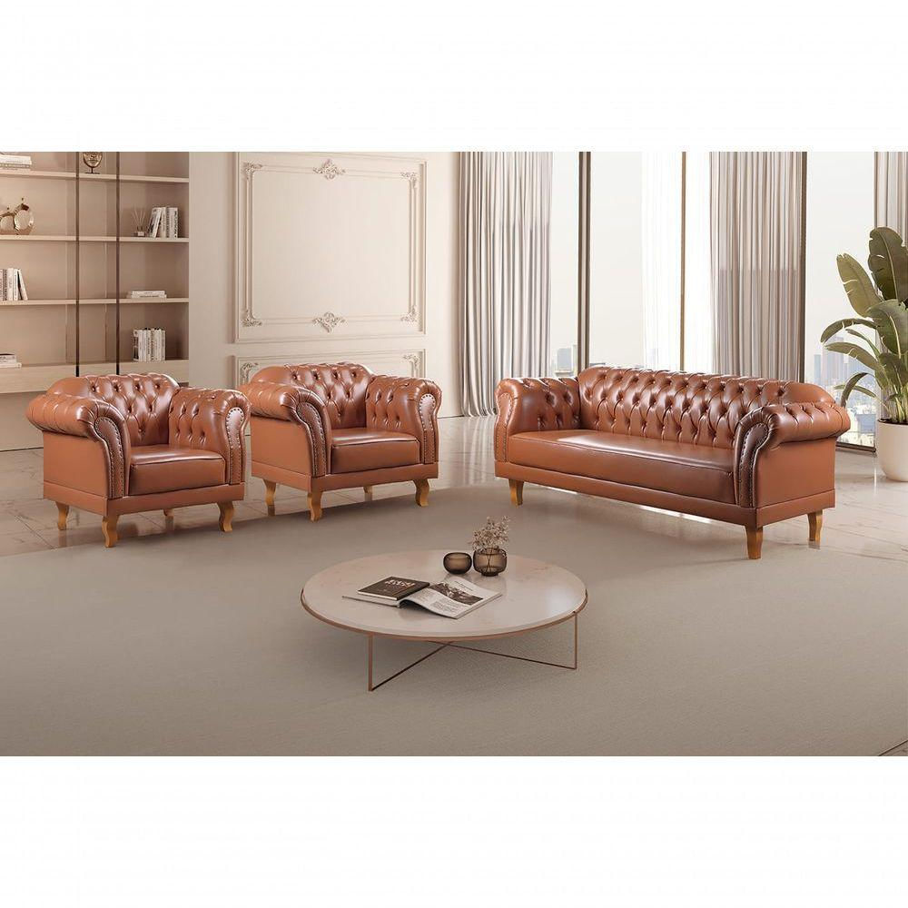 Conjunto Sofá Chesterfield 3 Lugares + 2 Poltronas couro Ecológico Caramelo 302