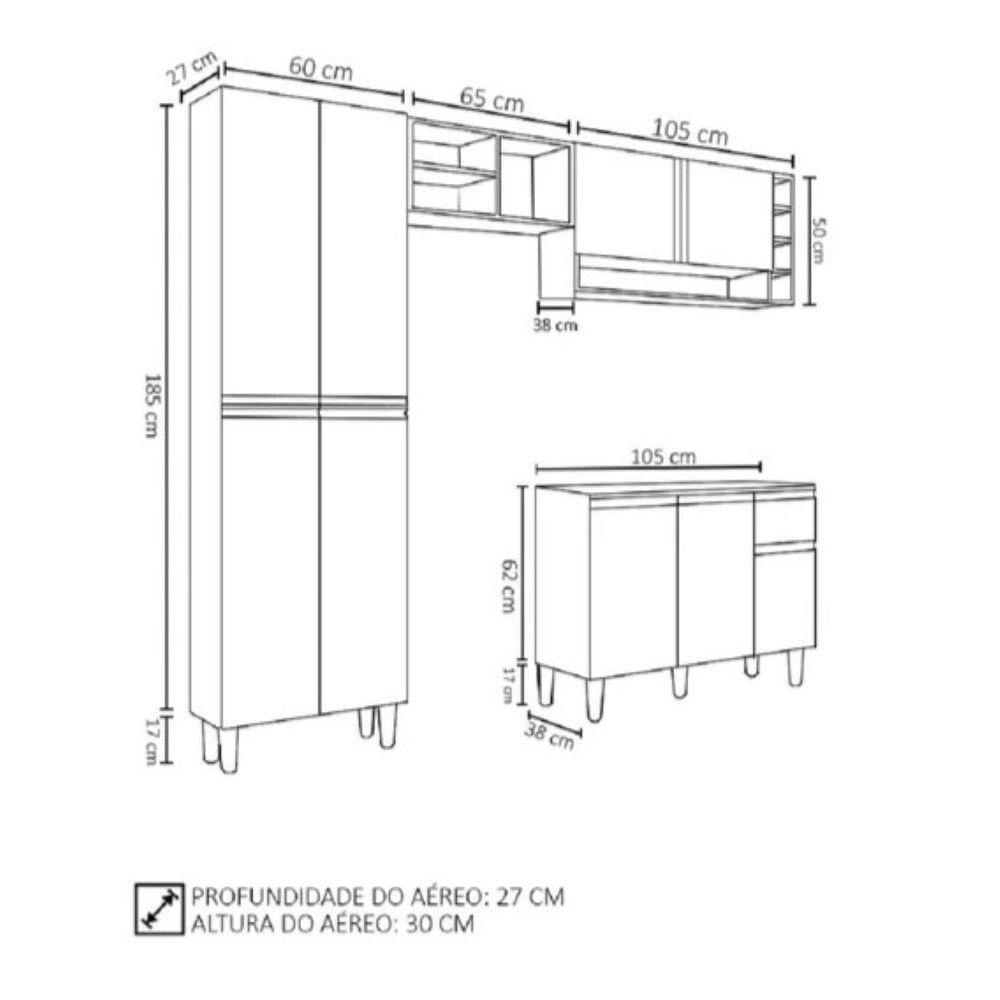 Cozinha Modulada 2,30m Compacta Vanessa Com Balcão Preto E Amêndoa Ajl