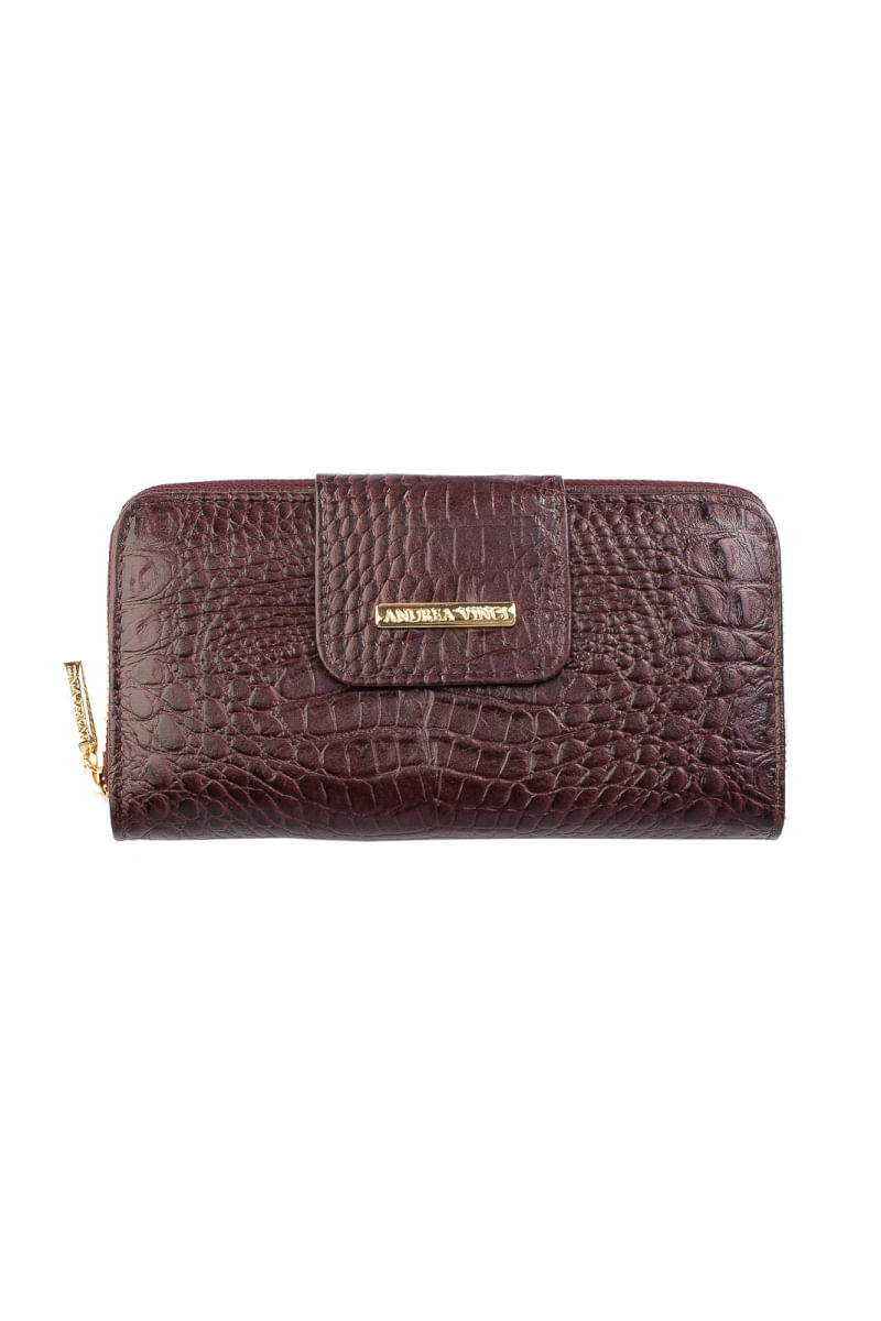 Carteira feminina de couro croco Cindy 9,5x19cm Marsala