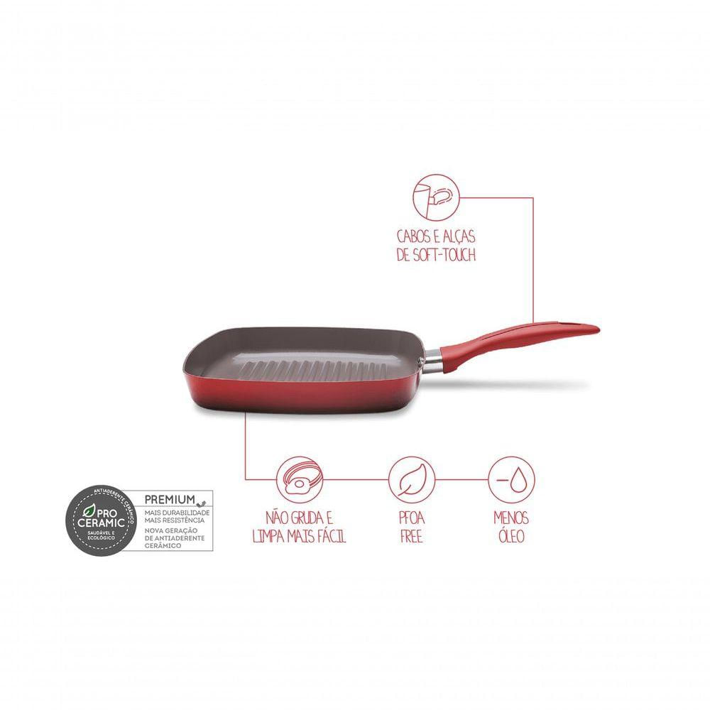 Grill 24cm 1,35l Ceramic Life Mineral Resist Antiaderente Vermelho Para Grelhar Carnes E Legumes