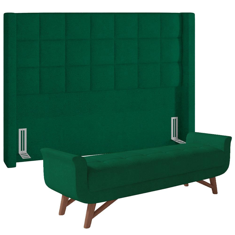 Kit Cabeceira Cama Box Paris 160 cm com Puff Recamier Itália P05 Bouclê Verde - Lyam Decor