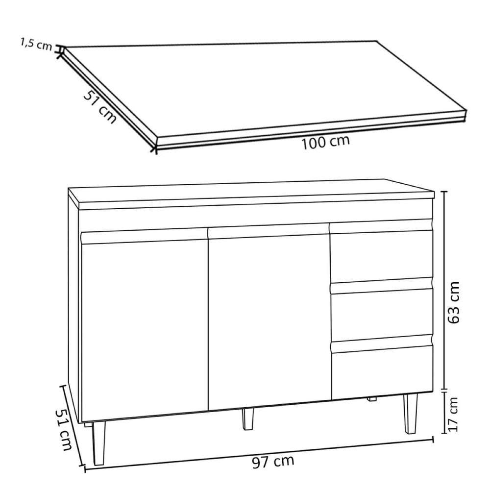 Balcão De Cozinha 100cm Com Tampo Andréia 2 Portas 3 Gavetas Branco - Ajl