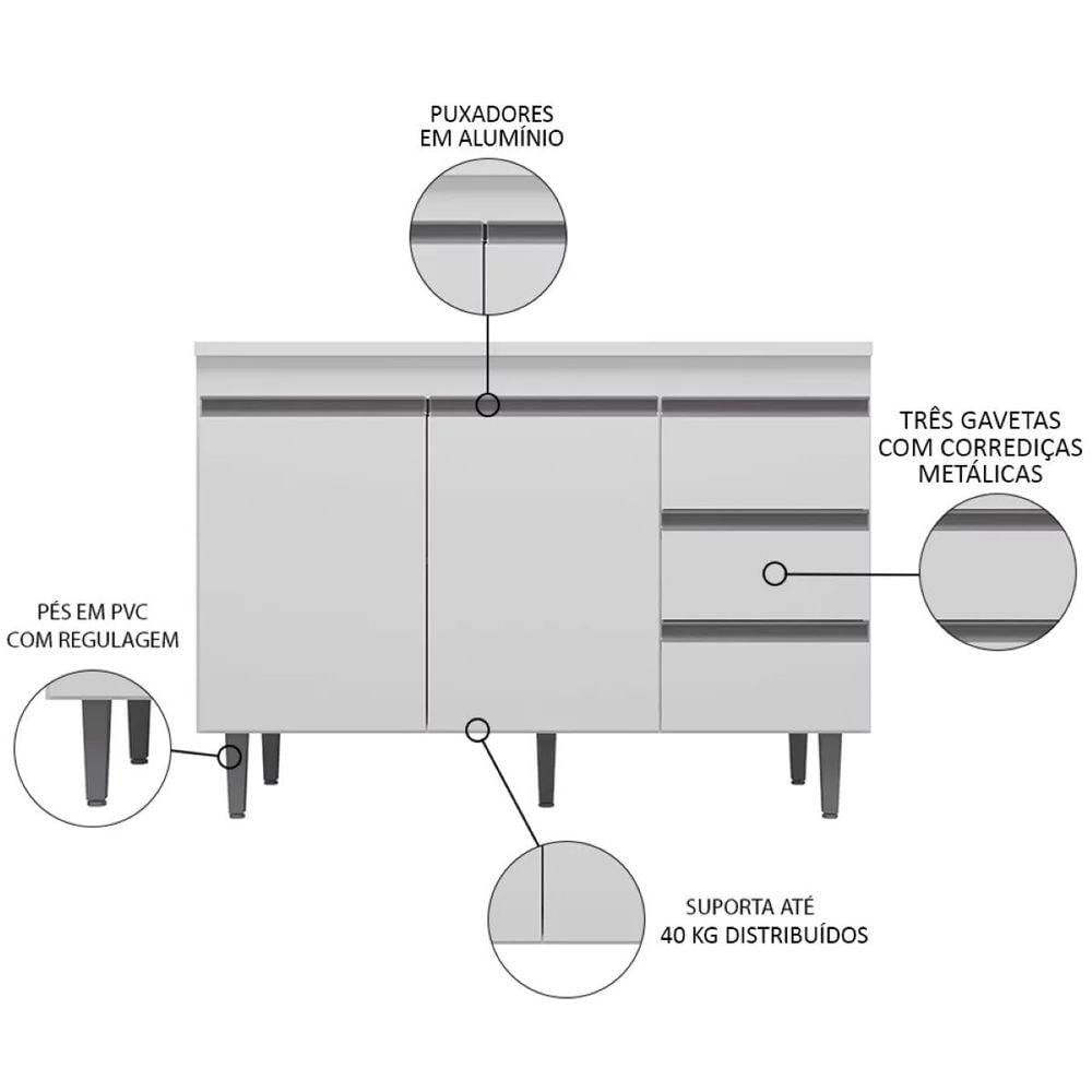 Balcão De Cozinha 100cm Com Tampo Andréia 2 Portas 3 Gavetas Branco - Ajl