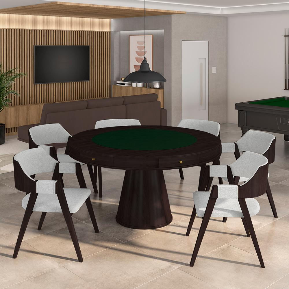 Conjunto Mesa de Jogos Carteado Bellagio Tampo Reversível Verde e 6 Cadeiras Madeira Poker Base Cone Linho Cinza/Tabaco G42 - Gran Belo