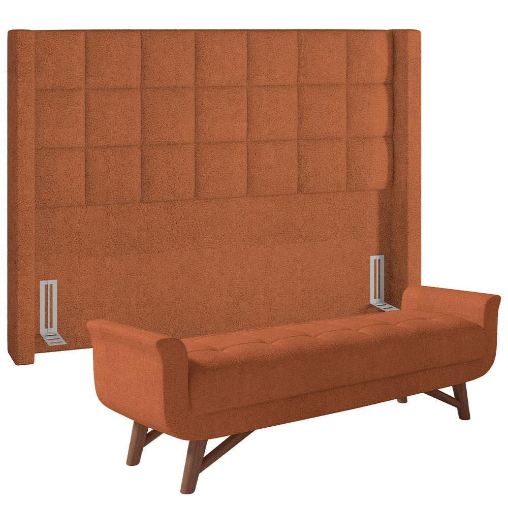 Kit Cabeceira Cama Box Paris 140 cm com Puff Recamier Itália P05 Bouclê Terracota - Lyam Decor