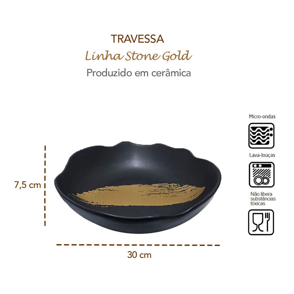 Tigela Bowl Fruteira Preto Dourado Ceramica Fosco Stone 2un