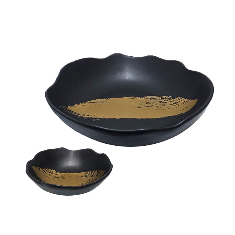 Tigela Bowl Fruteira Preto Dourado Ceramica Fosco Stone 2un