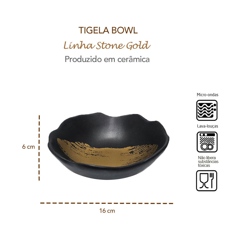 Tigela Bowl Fruteira Preto Dourado Ceramica Fosco Stone 2un