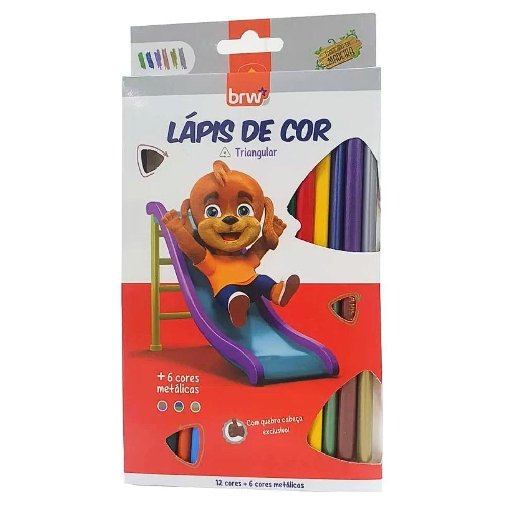 Lápis De Cor Escolar Triangular Com 12 Cores Brw + 6 Cores Metálicas