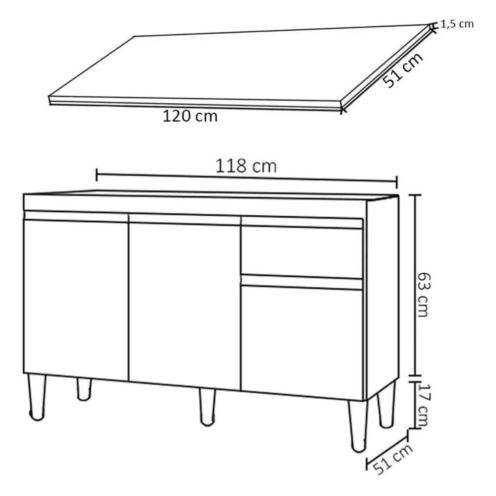 Balcão De Lavanderia 120cm Com Tampo Tatiane 3 Portas 1 Gaveta Cinza - Ajl