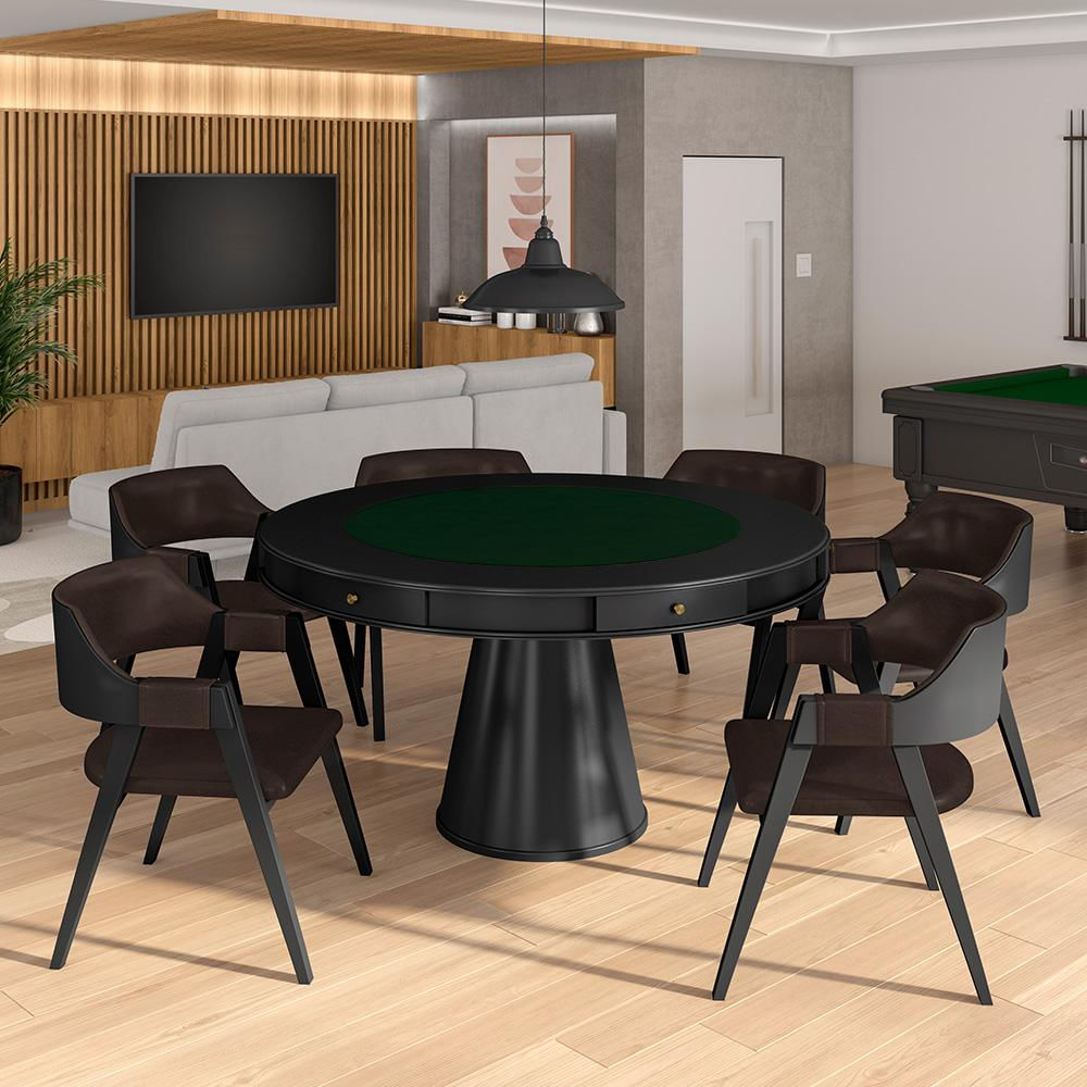 Conjunto Mesa de Jogos Carteado Bellagio Tampo Reversível e 6 Cadeiras Madeira Poker Base Cone PU Marrom/Preto G42 - Gran Belo