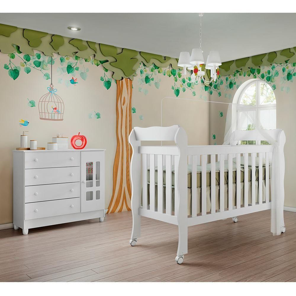 Quarto De Bebê Ariel Berço 3 Em 1 Lila Cômoda Branco