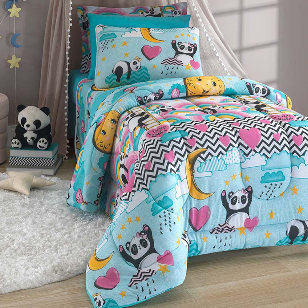 Kit Edredom Alegria Dupla Face Solteiro 2 Peças Malha Estampada 100% Algodão - Panda Love
