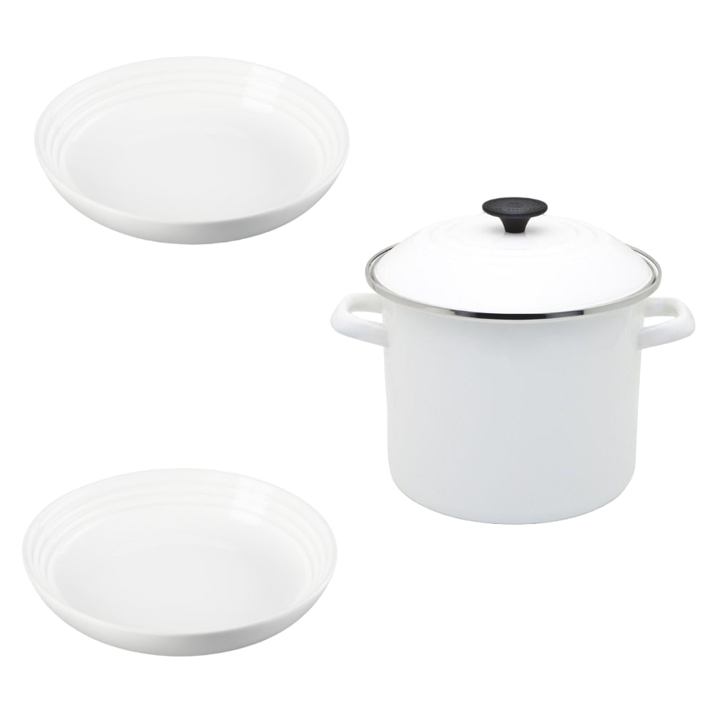 KIT LE CREUSET STOCKPOT EM AÇO INOX ESMALTADO 22CM 7,6L E 2 PRATOS FUNDOS 22CM EM CERÂMICA - Branco