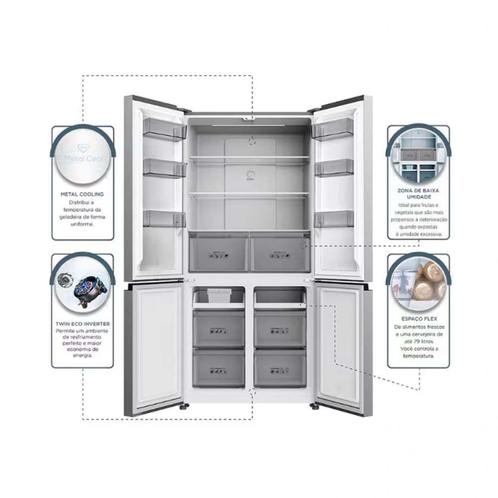 Geladeira TCL Multidoor C589CDN1 Frost Free, Twin Eco Inverter, Multi-zone, Painel Digital com 4 Portas - 589L Inox / 220V