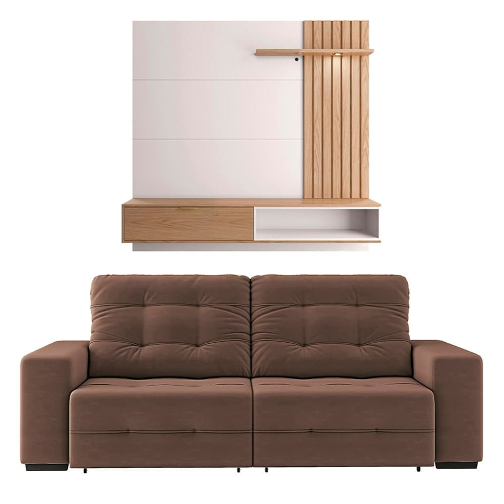 Sofá 4 Lugares Linoforte Bonno Retrátil - 230 cm de Largura + Painel Home Suspenso Colibri Tocantins com 160 cm de Largura TVs de até 60 Off White com Freijó