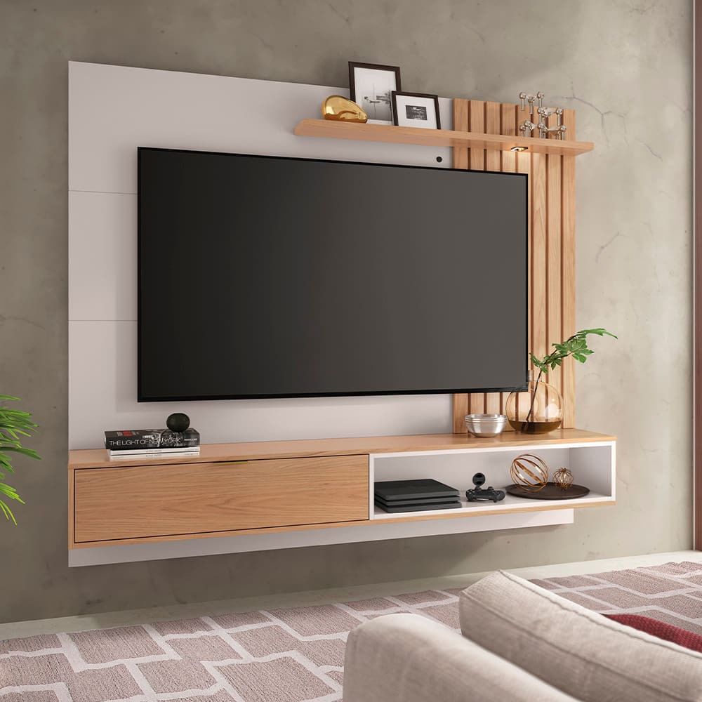 Sofá 4 Lugares Linoforte Bonno Retrátil - 230 cm de Largura + Painel Home Suspenso Colibri Tocantins com 160 cm de Largura TVs de até 60 Off White com Freijó